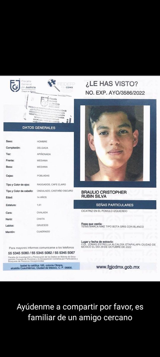 elliotkiko's tweet photo. Si sabes algo de Braulio comunícate con @sr_laloo 
#TebuscamosBraulioRubin
@Alc_Iztapalapa 
@FiscaliaCDMX 
@Claudiashein 
@SSC_CDMX https://t.co/L0cB9s2W84