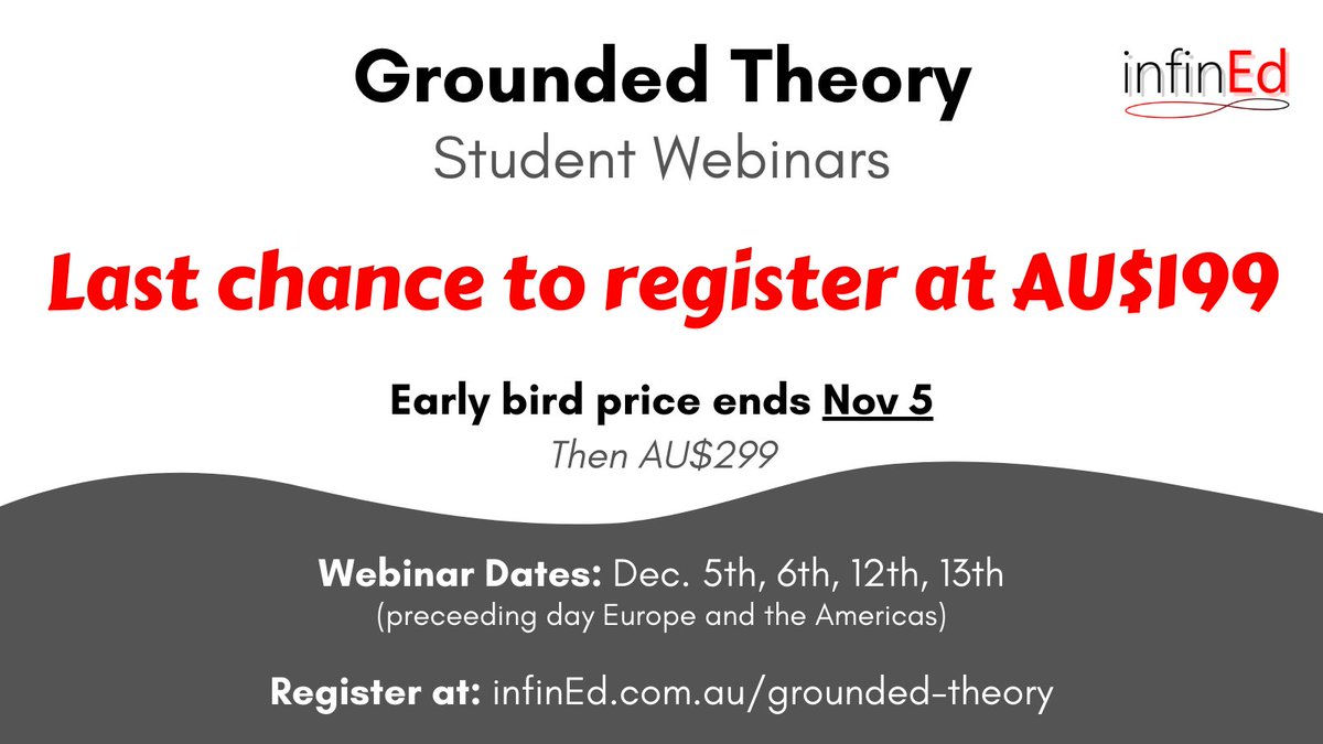 Our early bird price for this fantastic webinar series presented by @melbirks and @profjanemills ends November 5th!

Make sure you register now to save AU$100.

Register at: infined.com.au/grounded-theory

Invoices available on request.
#qualitativeresearch #research #groundedtheory