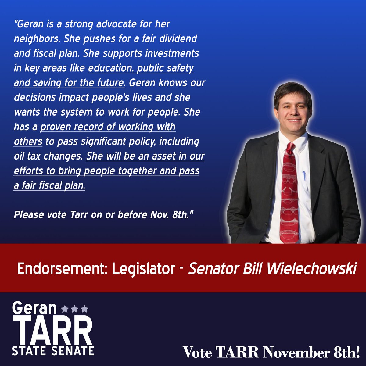 TarrforAlaska's tweet photo. Thanks Senator Wielechowski for your support! I stand with you in fighting for working families in our area and across the state. Everyone deserves opportunity! #akelect https://t.co/ZOrTG6x9Sy