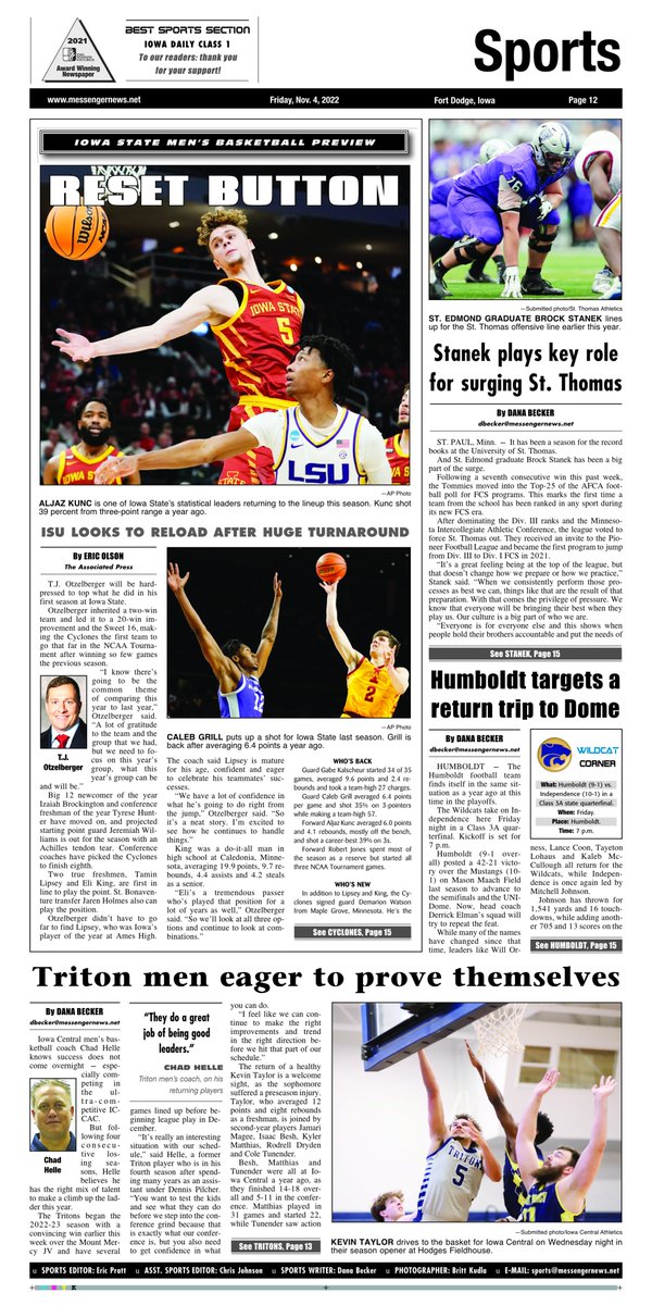 ByEricPratt's tweet photo. A sneak peek at Friday's Messenger sports section. St. Edmond graduate Brock Stanek helps anchor a breakthrough season for FCS newcomer St. Thomas. Iowa Central men's basketball season outlook. Humboldt state quarterfinal preview. All stories by @DanaBecker. @StanekBrock https://t.co/mIM7pSP9kr