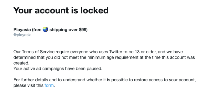 obakepam's tweet image. Hey @TwitterSupport you decided my company account @playasia  is a minor, but it&apos;s literally run by adults, can I please have my company&apos;s account back 💀