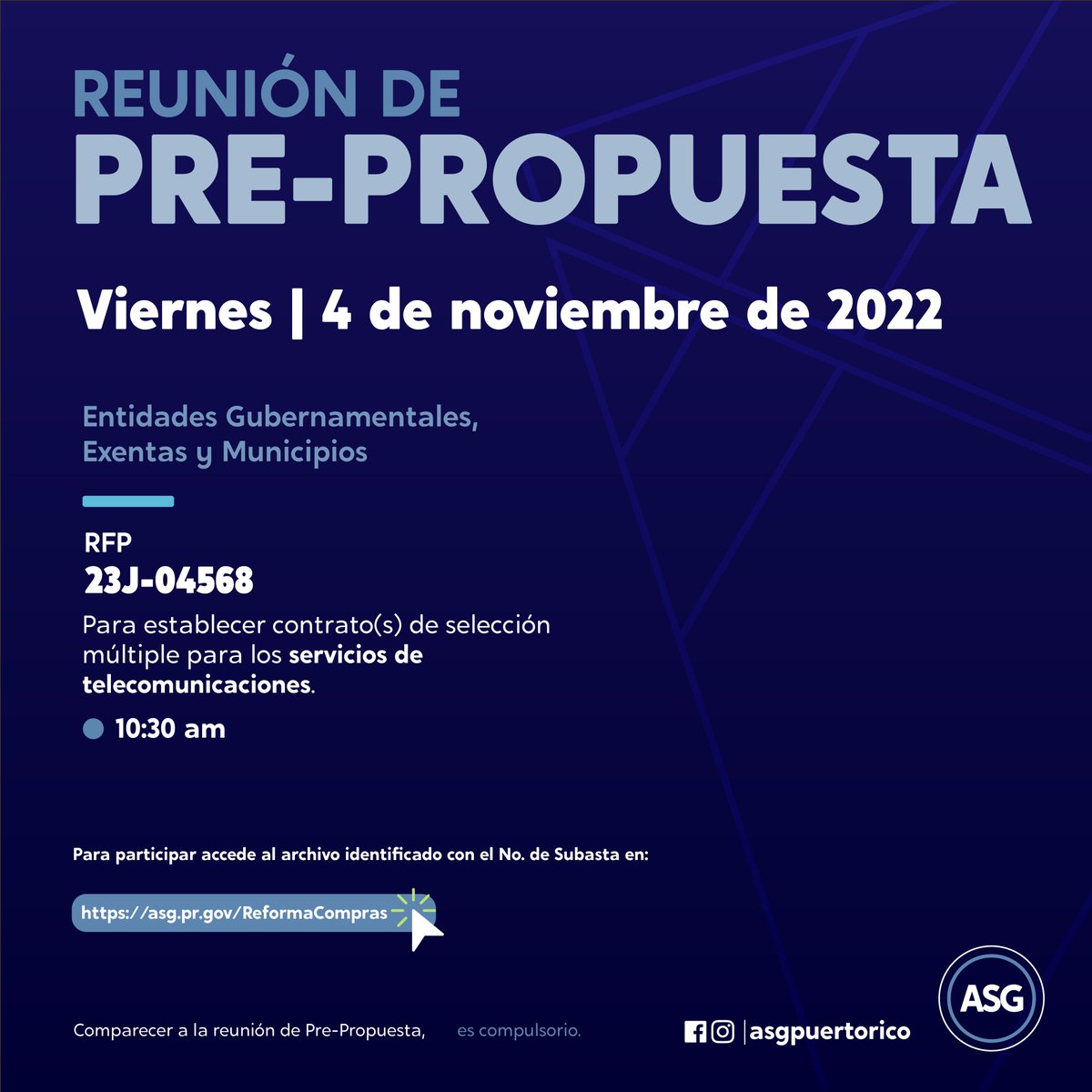 ASGPUERTORICO's tweet photo. #ASGInforma | Reunión #PrePropuesta programada para hoy viernes, 4 de noviembre de 2022 a la 10:30 am. ⚠Participar de la reunión pre-propuesta es compulsorio.
Entra aquí para participar: https://t.co/RJ6gLsewtx
📱Síguenos para más noticias. #ASG #PuertoRico
Cc. @fortalezapr https://t.co/CKO8I4WhNe