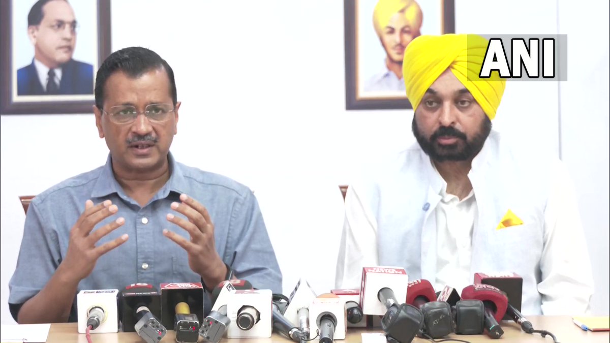 ANI's tweet photo. Delhi | Air pollution is a North India problem. AAP, Delhi Govt or Punjab govt are not solely responsible. Now not the time for blame game: CM Arvind Kejriwal in a press conference with Punjab CM Bhagwant Mann https://t.co/xdvwYFW6or