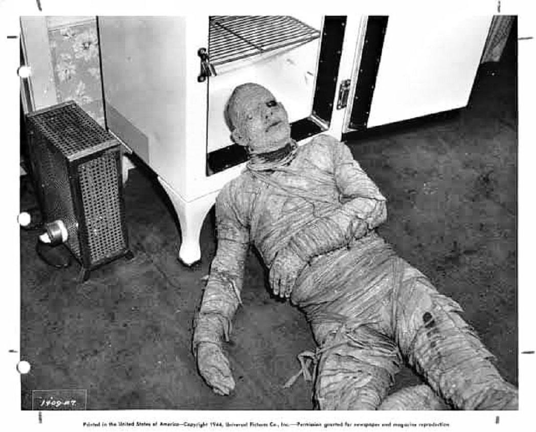 HorrorHammer1's tweet photo. Lon Chaney Jr cools off in a refrigerator during filming of The Mummy's Curse. https://t.co/sTNHSaCkxm