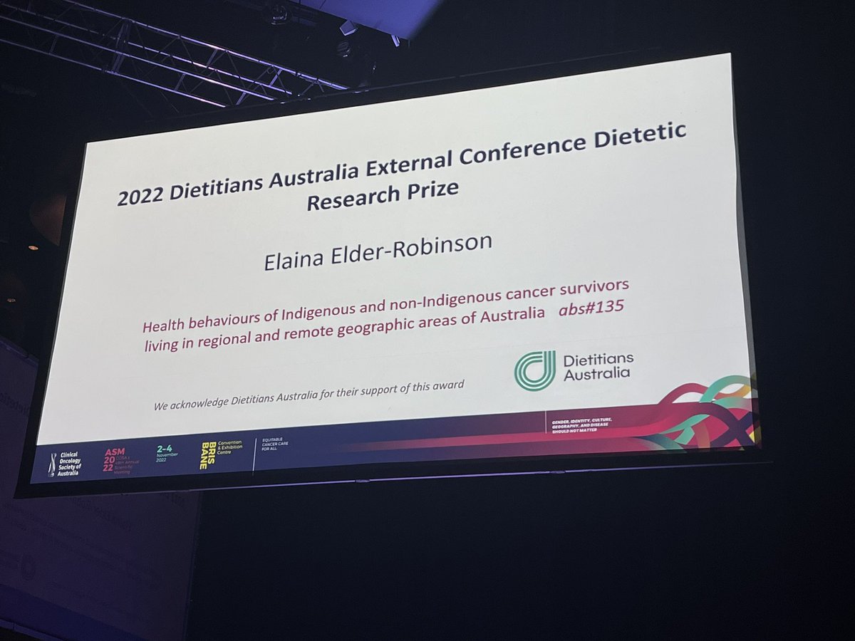 Congratulations <a href="/ElainaElderRob/">Elaina Elder-Robinson</a>!
Great presentation at #COSA22 today and topped off with the <a href="/dietitiansaus/">Dietitians Australia</a> prize 👏👏
<a href="/AbbeyDiaz_says/">abbey diaz</a> <a href="/garvey_gail/">Gail Garvey</a> <a href="/UQMedicine/">UQ Medicine</a> <a href="/COSAoncology/">COSA</a>