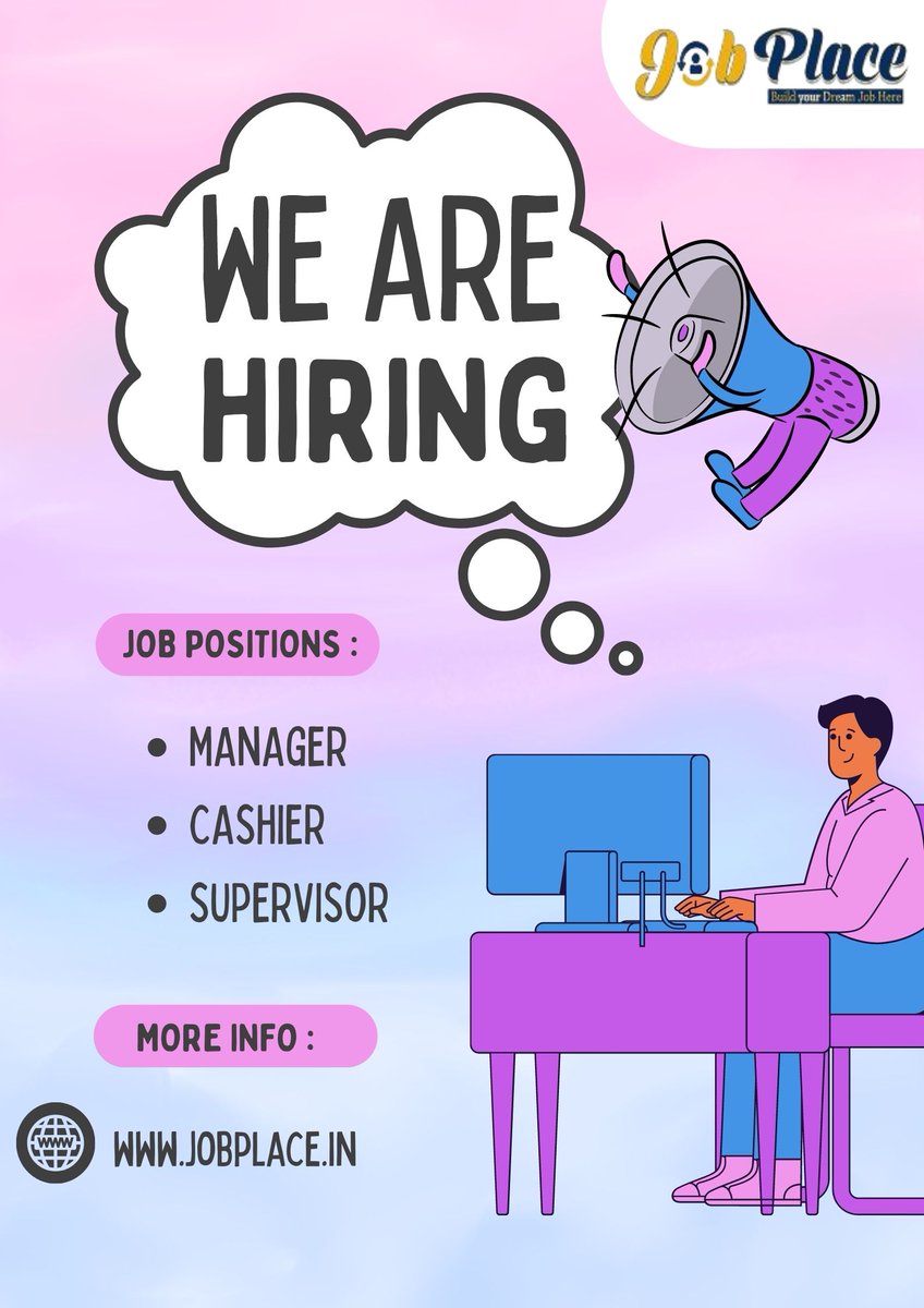 WE ARE HIRING 
> Manager
> Cashier
> Supervisor
Join Our Team :- jobplace.in 
Send Your CV :- info@jobplace.in
#new #update #resume #hiring #opportunity #job_seeker