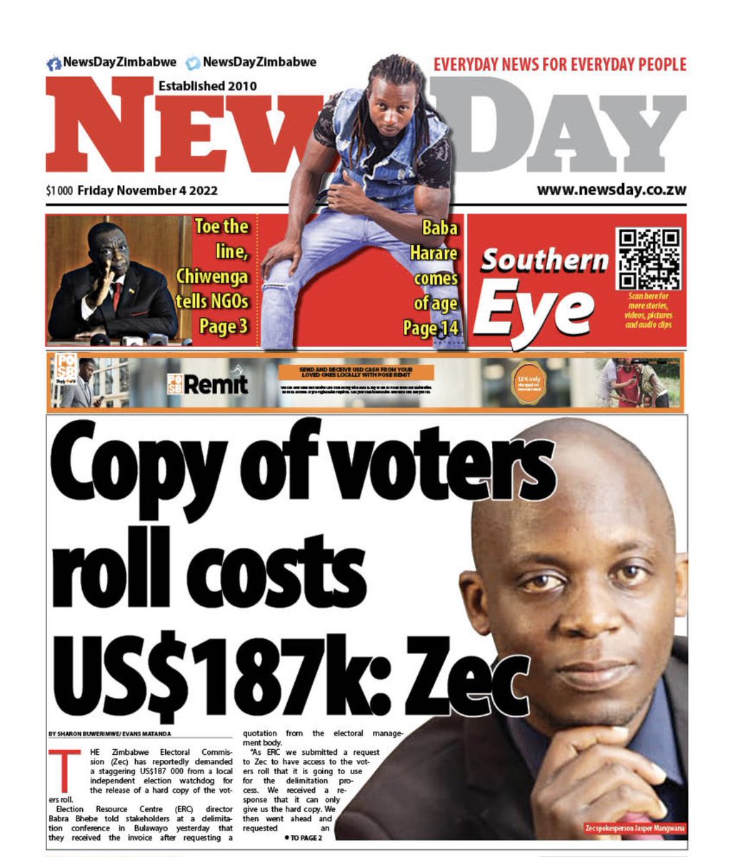 In Zimbabwe the ruling ZANUPF party is planning to rig the elections by denying competitors access to the voters roll, by charging US$187,000 for a copy according to @ercafrica director in this front page story in the @NewsDayZimbabwe today. An election is the voters roll.
