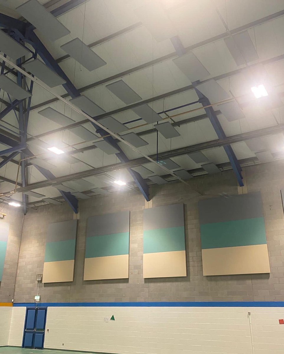 CSoundproofing's tweet photo. School Sports Hall Acoustic Design and Install in Central Manchester #acoustics #acousticpanels #sportshallacoustics #echo  #reverberation #acoustictesting #acousticdesign https://t.co/FfhvEuAPEr