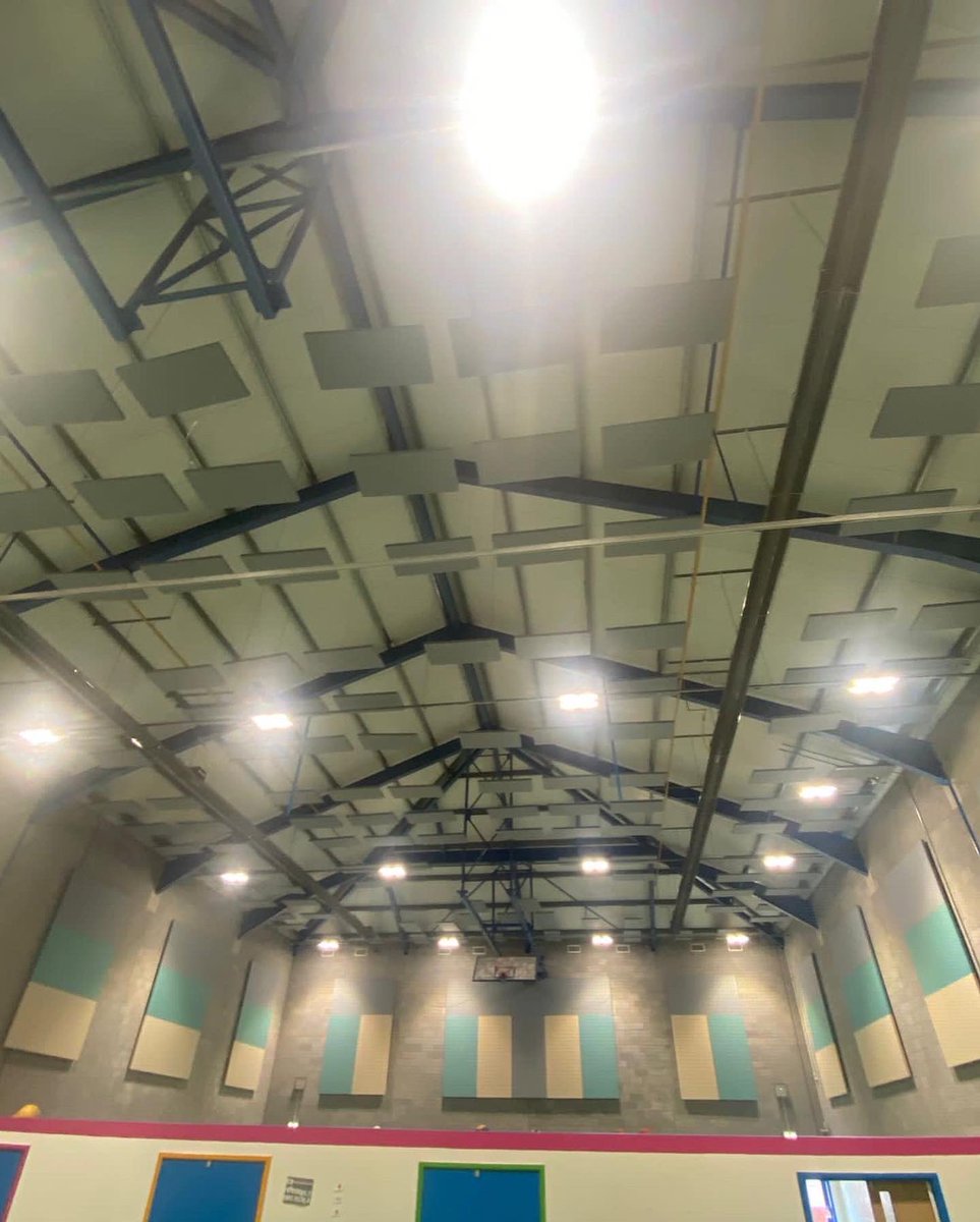 CSoundproofing's tweet photo. School Sports Hall Acoustic Design and Install in Central Manchester #acoustics #acousticpanels #sportshallacoustics #echo  #reverberation #acoustictesting #acousticdesign https://t.co/FfhvEuAPEr