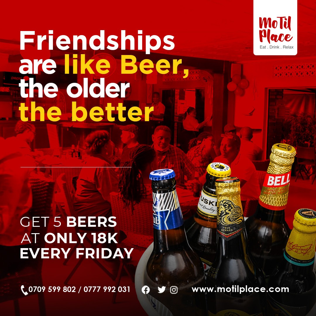 MotilPlace's tweet photo. Life tip #101; beer and friends create a perfect flavour. Tell your friends that Motil Place is the place to be.

For deliveries, call or WhatsApp 

0709599802/0777992031
#happyhour #barsug #friends https://t.co/OUrVOR2NM9