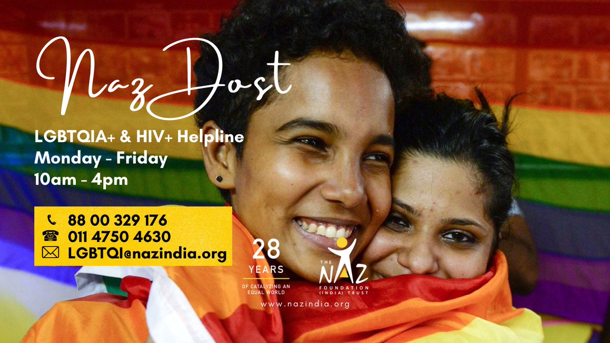 Naz_Foundation's tweet photo. Our free counselling service for LGBTQIA+ people in India is the Naz Dost Helpline.

You can contact us via email, call and WhatsApp.

All communication is confidential. https://t.co/sc8zD0KeCn