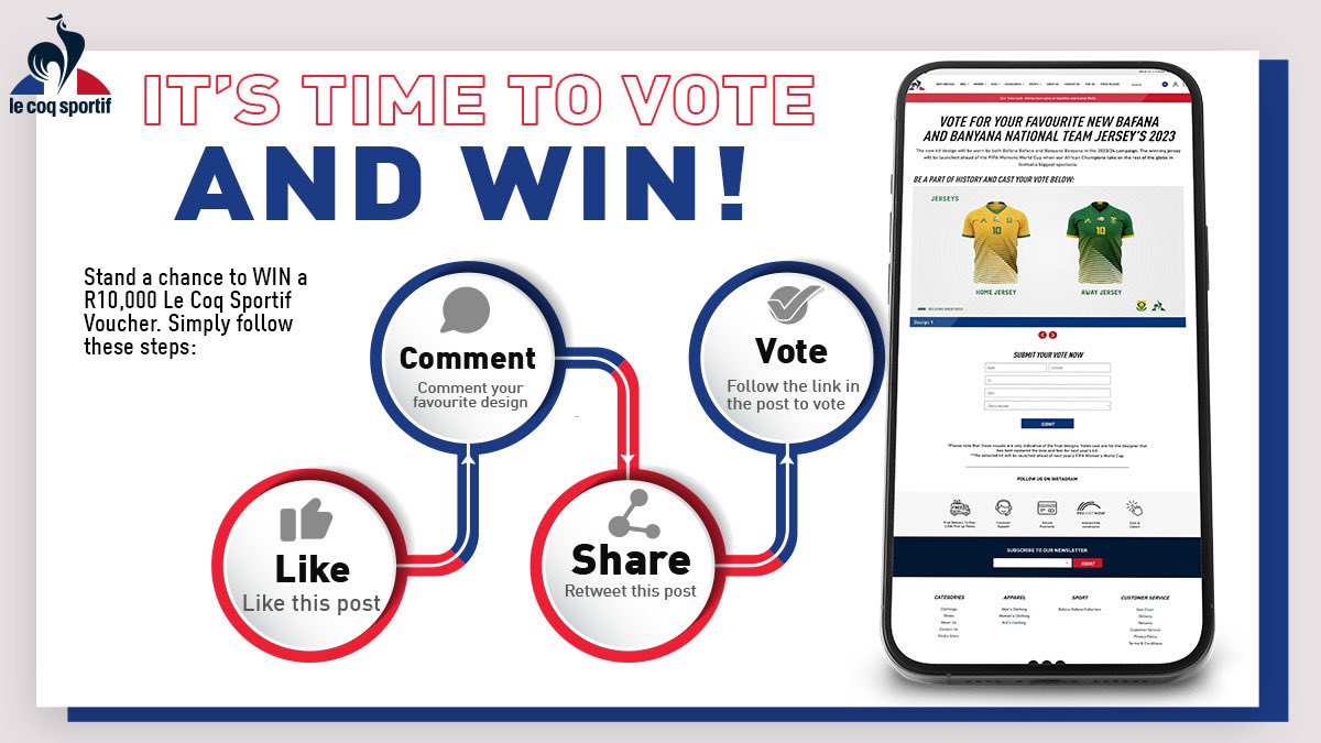 LeCoqSportif_SA's tweet photo. GIVE AWAY TIME!

Stand a chance to win a R10000 #LeCoqSportif voucher by following these easy steps: 

1. Like and follow 
2. Comment your fav design 
3. Retweet this post 
4. Tap on the link to cast your vote in our #DesignCampaign

 🔗 https://t.co/07bukZlchK

#LCSxSAFA https://t.co/v5H5nxRseV