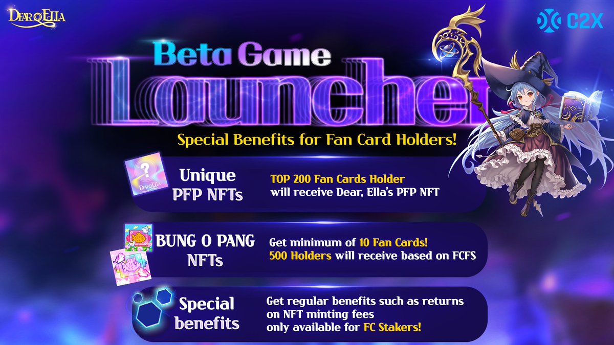 OFCL_DearElla's tweet photo. 📢Dear, Ella's Fan Card Holders' Benefits

1️⃣ Unique Dear, Ella’s PFP NFT
2️⃣ Random BUNG O PANG (PFP) NFT
3️⃣ Additional benefits to our FC stakers

Get yours today! 👇
https://t.co/1SEoFP9mBn

#DearElla #BetaGameLauncher #NFT #PFPNFT #Fancard https://t.co/RKZkDmeW4b