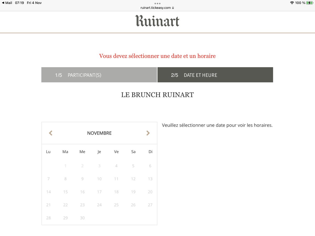 mavienumerique's tweet photo. Vous savez peut-être faire du champagne mais visiblement pas gérer des parcours digitaux.
Comment fait-on pour choisir des dates qui ne sont pas proposées ?
⁦@MaisonRuinart⁩ https://t.co/Wv91wZollE