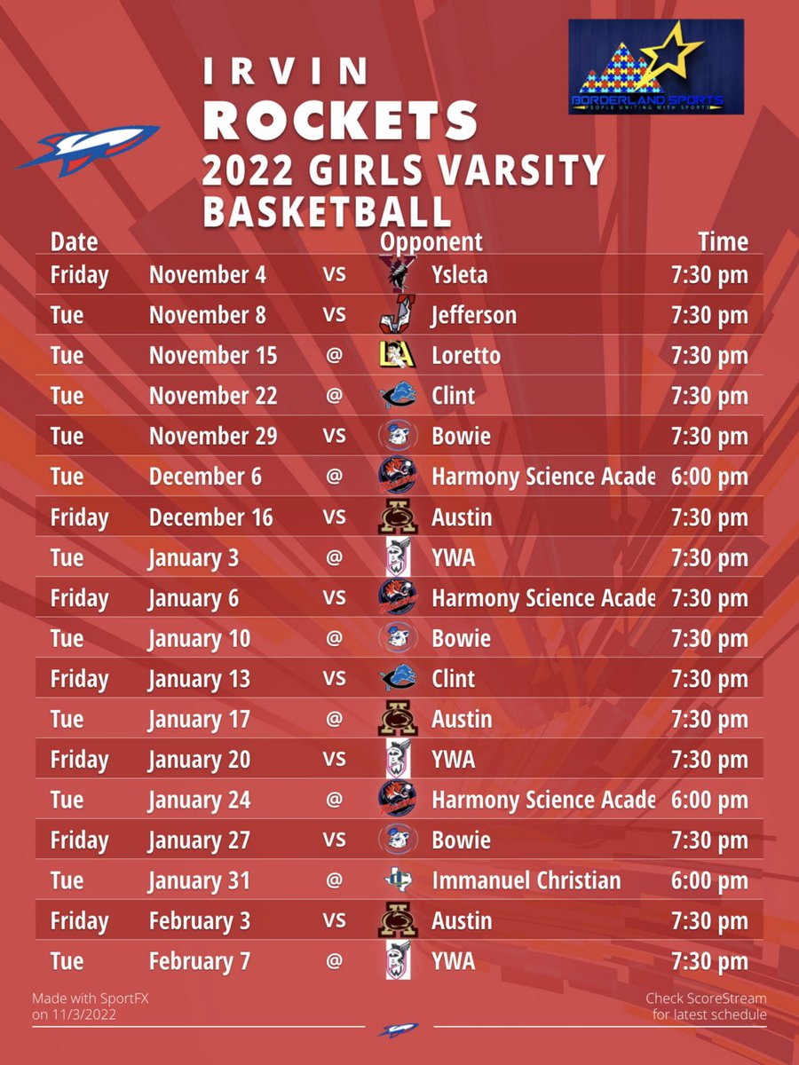 Borderland Sports (@epsports915) on Twitter photo 2022-2023 EP Area #TXHSGBB π Schedules π₯
β¨ District 1-4A (1 of 2)
π Austin HS
βπ<a href="/smiley_salcido/">Ismael Salcido</a>
π Bowie HS
βπ<a href="/BearsGbb/">BowieBearsGBB</a>
π Harmony Science Academy
βπ<a href="/HSAElPaso/">HSA El Paso</a>
π Irvin HS
βπ<a href="/IrvinRocketsGBB/">Irvin π Girlβs π</a>
* Tourneys Not Included
#BorderlandSports #BorderlandSportsStars 2022-2023 EP Area #TXHSGBB π Schedules π₯
β¨ District 1-4A (1 of 2)
π Austin HS
βπ<a href="/smiley_salcido/">Ismael Salcido</a>
π Bowie HS
βπ<a href="/BearsGbb/">BowieBearsGBB</a>
π Harmony Science Academy
βπ<a href="/HSAElPaso/">HSA El Paso</a>
π Irvin HS
βπ<a href="/IrvinRocketsGBB/">Irvin π Girlβs π</a>
* Tourneys Not Included
#BorderlandSports #BorderlandSportsStars
