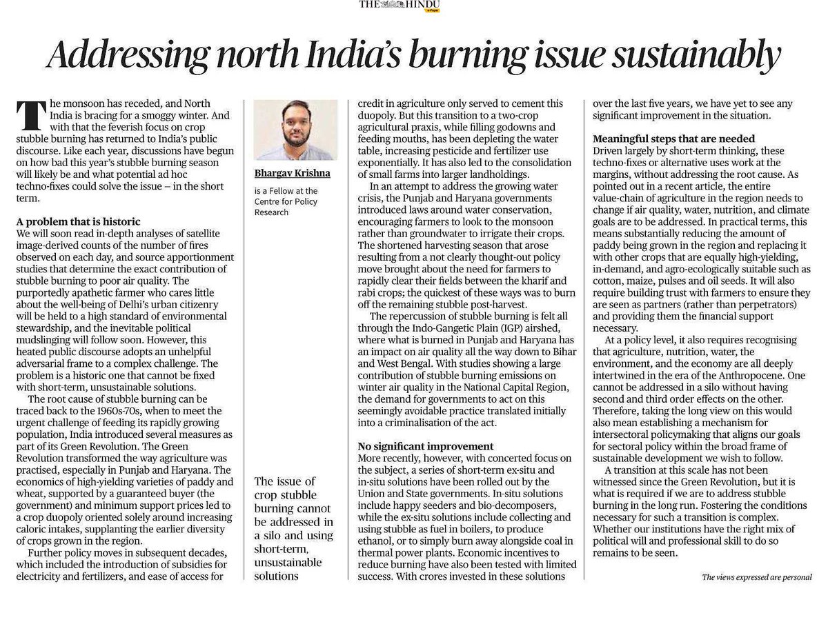 Stubble burning cannot be sustainably addressed without a transition away from the paddy-wheat duopoly in Punjab (plugging my piece in <a href="/the_hindu/">The Hindu</a> from last week). Glad to see the CMs of Delhi and Punjab acknowledge this in their press conference and signal action in this regard.