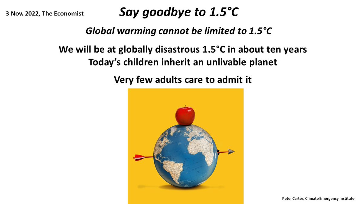 SAY GOODBYE TO 1.5°C Economist: Global warming cannot be limited to 1.5°C Hello globally disastrous 1.5°C in about ten years Today’s children inherit an unlivable planet Very few adults care to admit it economist.com/weeklyedition/… #climatechange #globalwarming