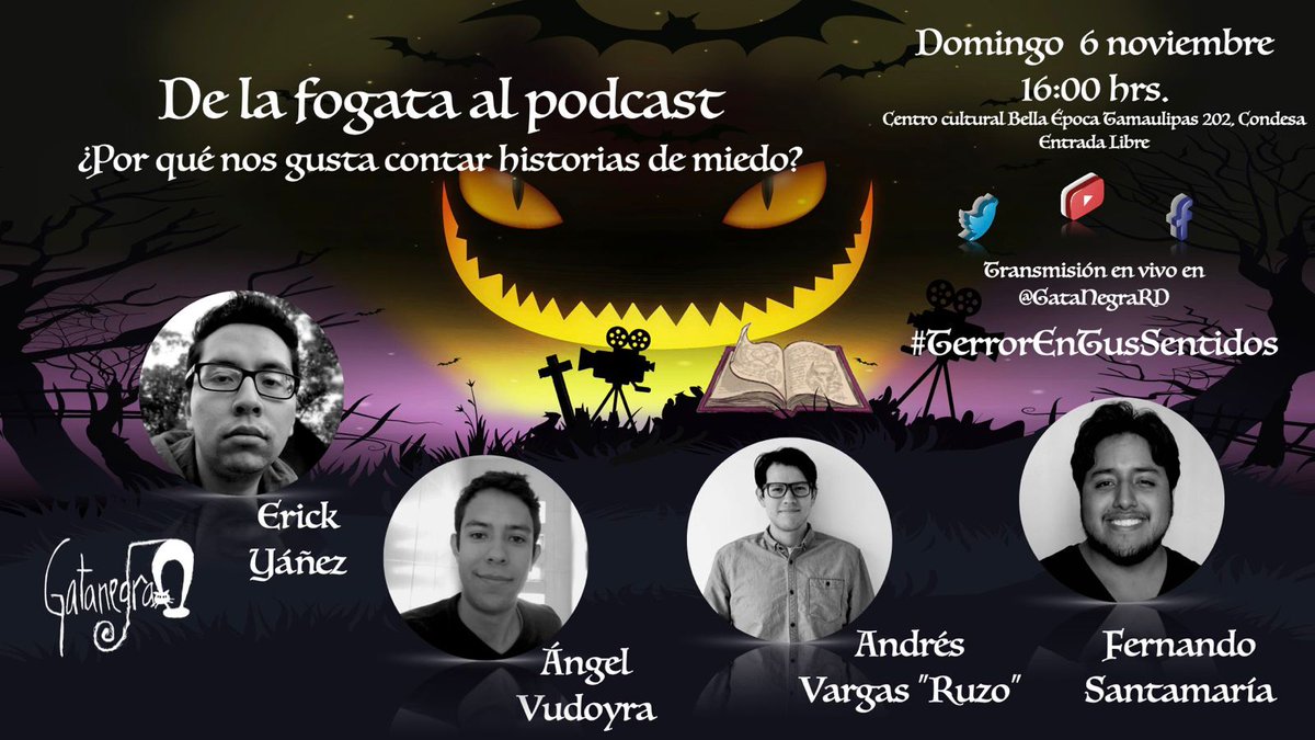 A las 16:00h, seguimos con una conversación donde se explorarán las delicias de contarnos cuentos de miedo desde siempre. Con la participación de <a href="/Pateerick/">Erick Yáñez</a> (productor de <a href="/psicofoniasmx/">Psicofonías Podcast</a>), #AngelVudyora (escritor de <a href="/CronicasObs/">Crónicas Obscuras</a>) y <a href="/ruzo/">ruzo ya no vive aquí</a> (productor de <a href="/SonoroPodcast/">Sonoro</a>) <a href="/GataNegraRD/">Gatanegra 🐈‍⬛✨</a>