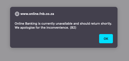 jonathanw's tweet photo. @FNBSA app and online banking down? How long will it be down for? https://t.co/hZtZjP2ENG
