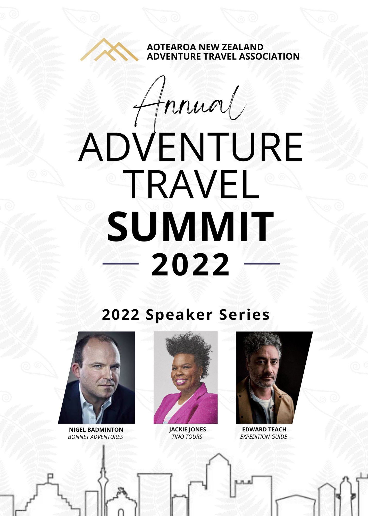 Poster for Annual Advertising Travel Summet, 2022 Speaker series, featuring Nigel Badminton of Bonnet Adventures, Jackie Jones of Tino Tours and Edward Teach, Expedition guide 