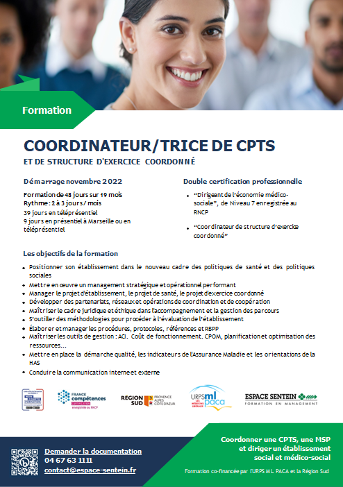 urps_ml_paca's tweet photo. 📢Formation @urps_ml_paca &amp; @EspaceSentein   "Coordinateurs de structures d’exercice coordonné", cofinancée par @MaRegionSud
⏱débute le 22/11 mais peut être intégré jusqu’en Janvier 2023.
🤔vous êtes intéressé➡️Espace Sentein ☎ 04 67 63 11 11📧contact@espace-sentein.fr https://t.co/nmt0fhqgDn