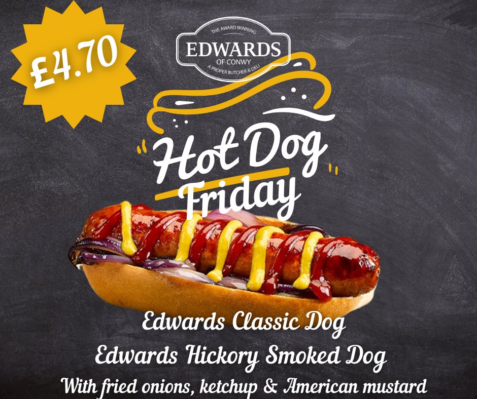 EdwardsofConwy's tweet photo. Hot Food Today /Bwyd Poeth Heddiw
🍴 Hot Dog Friday
🍴 Roast Welsh Lamb Baps
🍴 Hot Sausage Rolls
🍴 Soup of the day - Broccoli &amp; Stilton 
#lunchtime #GotToBeEdwards #HotDoGFriday https://t.co/nACzJdWkLE