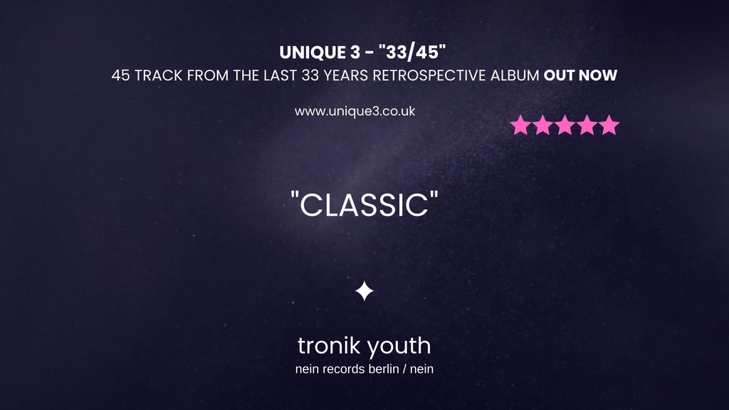 Kindly supported by Tronik Youth, Edzy Unique 3’s forty-five track, thirty-three years retrospective album, “33/45” is now available on Originator Sound Records. Links to the album on all sales platforms is here - unique3.co.uk/buy-3345-album… @tronikyouth @Neil.D.Parnell