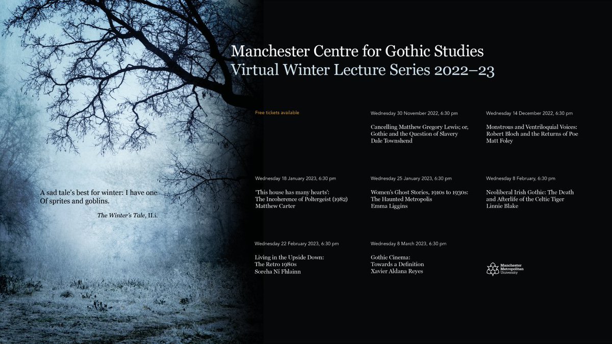To book tickets for the Virtual Winter Lecture Series 2022-23, our upcoming series of free research-led talks on the #Gothic, please follow the link below to a clickable poster. We hope to see many of you there! 😊 drive.google.com/file/d/1G3hT6T…