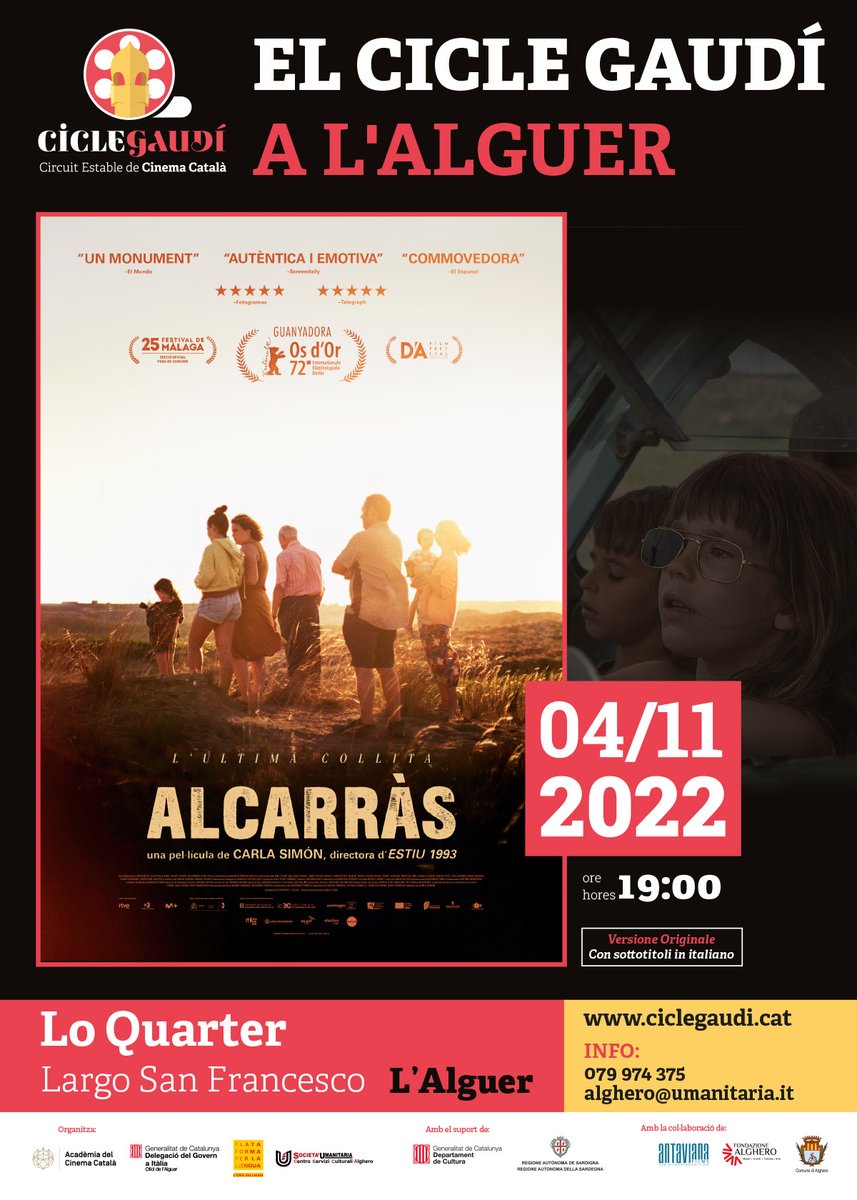 delgovalguer's tweet photo. 🎬 Oggi comincia il Cicle Gaudí a l’Alguer. Non mancate al primo appuntamento con “Alcarràs” di Carla Simón, primo film catalano ad aver ricevuto l’Orso d'oro alla Berlinale (72esima edizione).

🕑 h19 
📍 Lo Quarter - Largo San Francesco
🎟 Entrada lliure https://t.co/P5iC4NU6FG