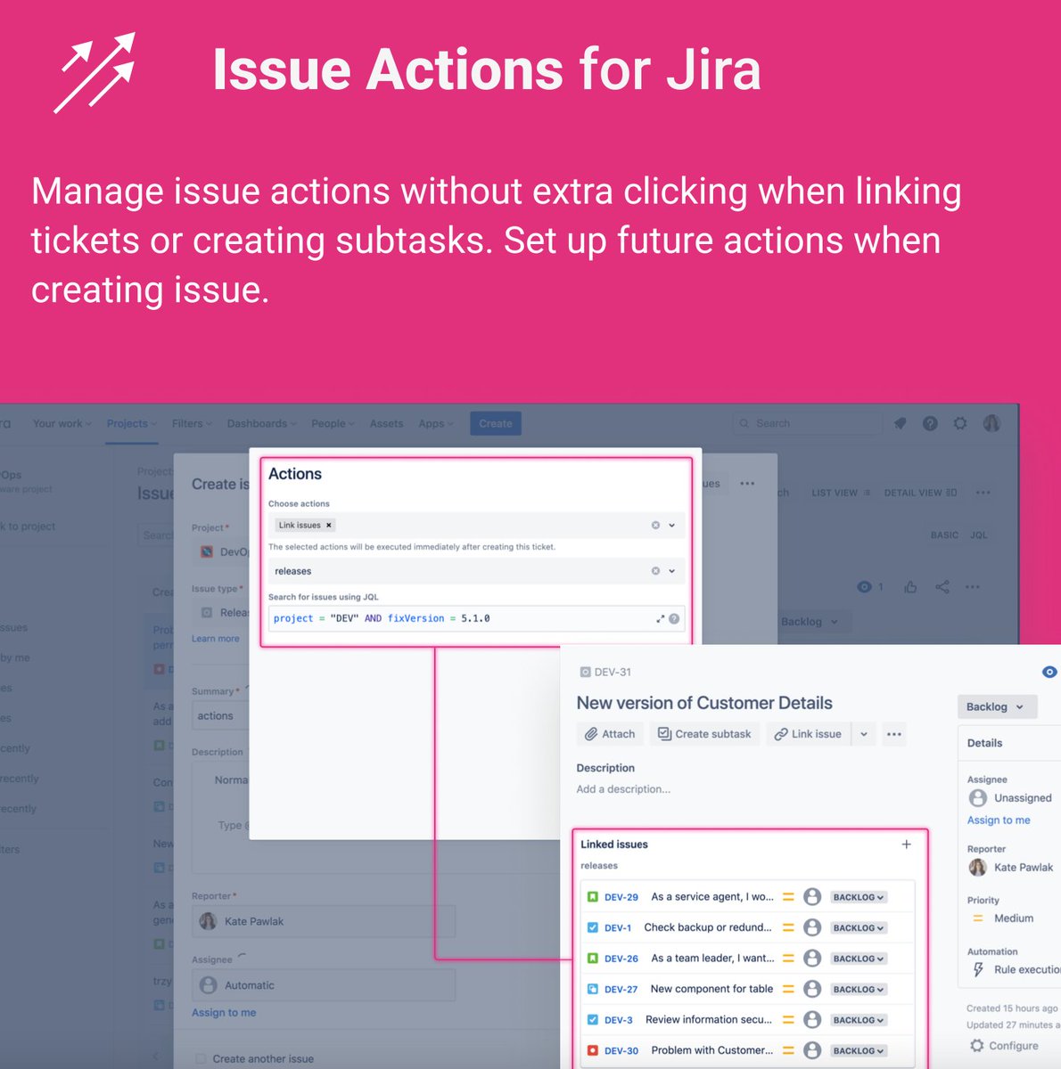 appsvio_team's tweet image. #Codegeist2022
Something brand new in Appsvio 💥
🪄Issue Actions for Jira – Manage issue actions without extra clicking when linking tickets or creating subtasks. Set up future actions when creating the issue.
Submission details 🔗bit.ly/3hewmsl