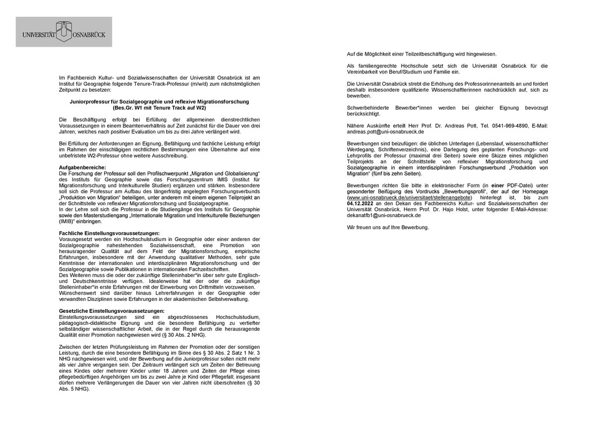 #Vacancy: Assistant Professor in Social Geography and Reflexive Migration Studies (tenure track) / Juniorprofessur für Sozialgeographie und reflexive Migrationsforschung <a href="/IMIS_UOS/">IMIS</a>  <a href="/UniOsnabrueck/">Uni Osnabrück</a> 

Deadline: 4 December 2022

Please share widely.

uni-osnabrueck.de/universitaet/s…