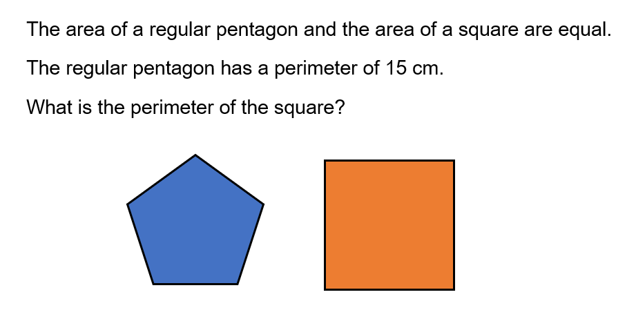 This week's #OCRmathsPuzzle is below. Have a wonderful weekend!

The area of a regular pentagon and the area of a square are equal.
The regular pentagon has a perimeter of 15 cm.
What is the perimeter of the square? 

#maths #puzzle #number #teacher #area #perimeter