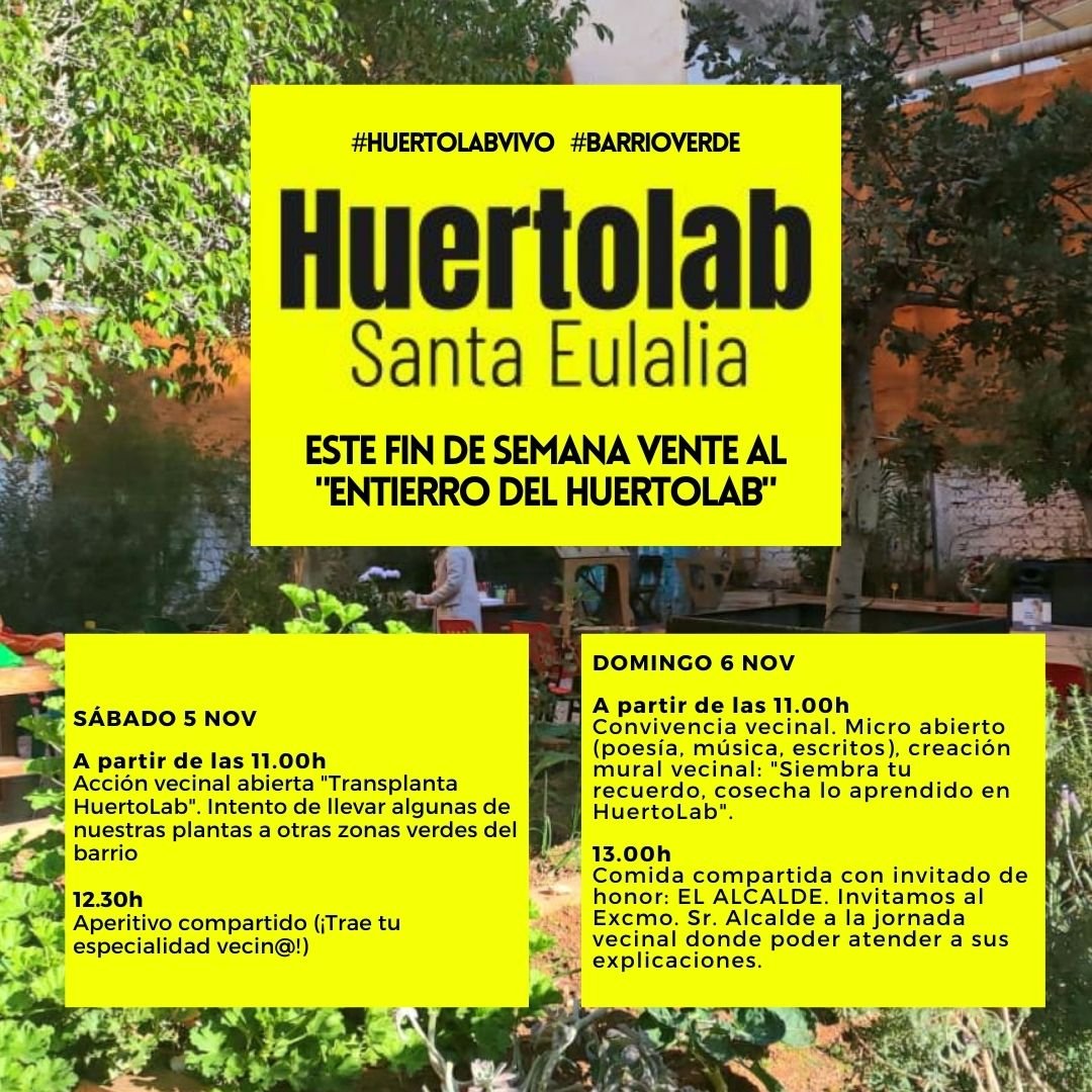 ⚠️💚¡Este fin de semana vente al Entierro de Huertolab!💚⚠️
sábado 5: 11h "Transplanta HuertoLab. 12:30h "Aperitivo compartido"
domingo 6: 11h convivencia vecinal y micro abierto. 13h "comida compartida"
Te invitamos, alcalde, a la jornada.

<a href="/AytoMurcia/">Ayuntamiento de Murcia</a> <a href="/SerranoJAntonio/">José Antonio Serrano</a>