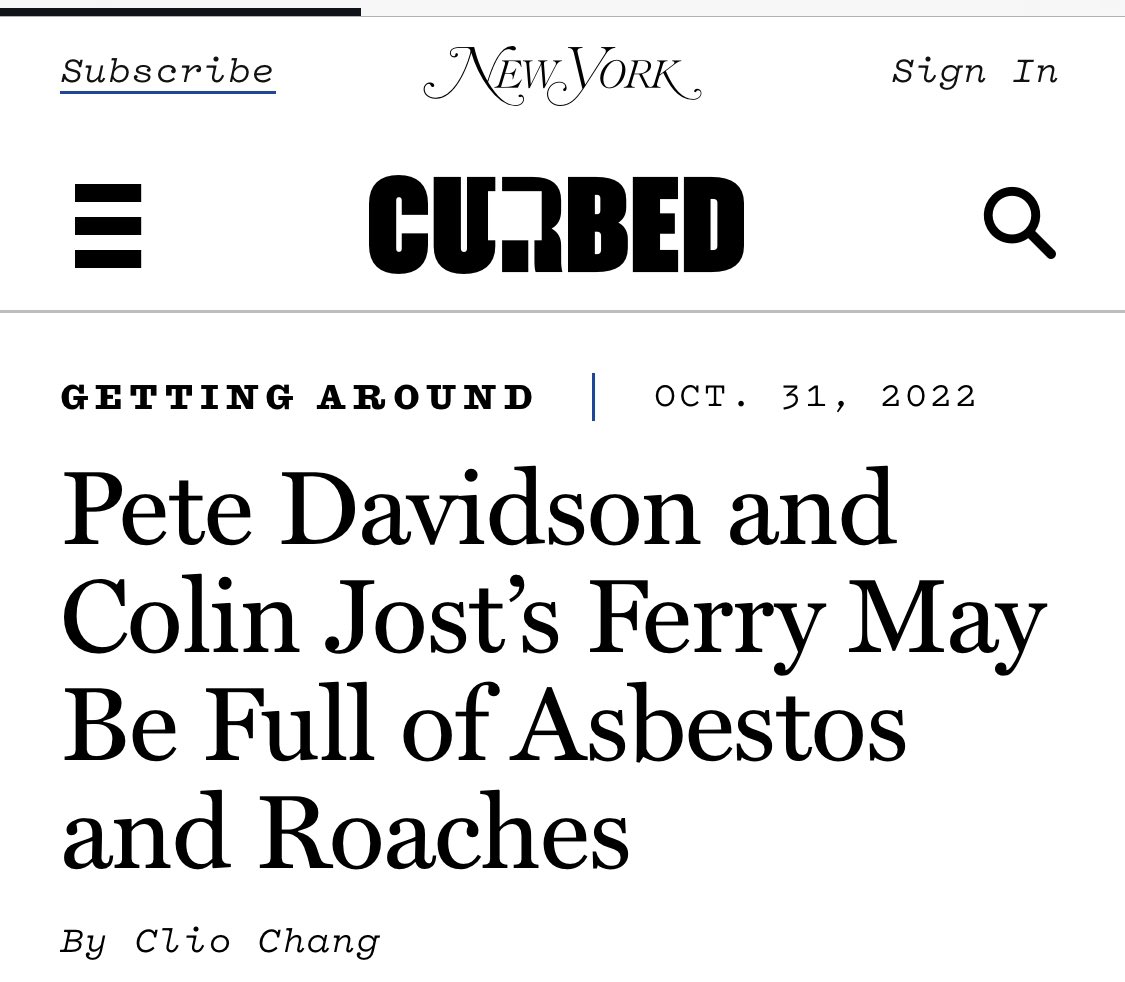 Can’t help but notice all the people saying Pete Davidson and Colin Jost’s ferry was not full of asbestos and roaches have gone very quiet https://t.co/YWD5ORf7dd