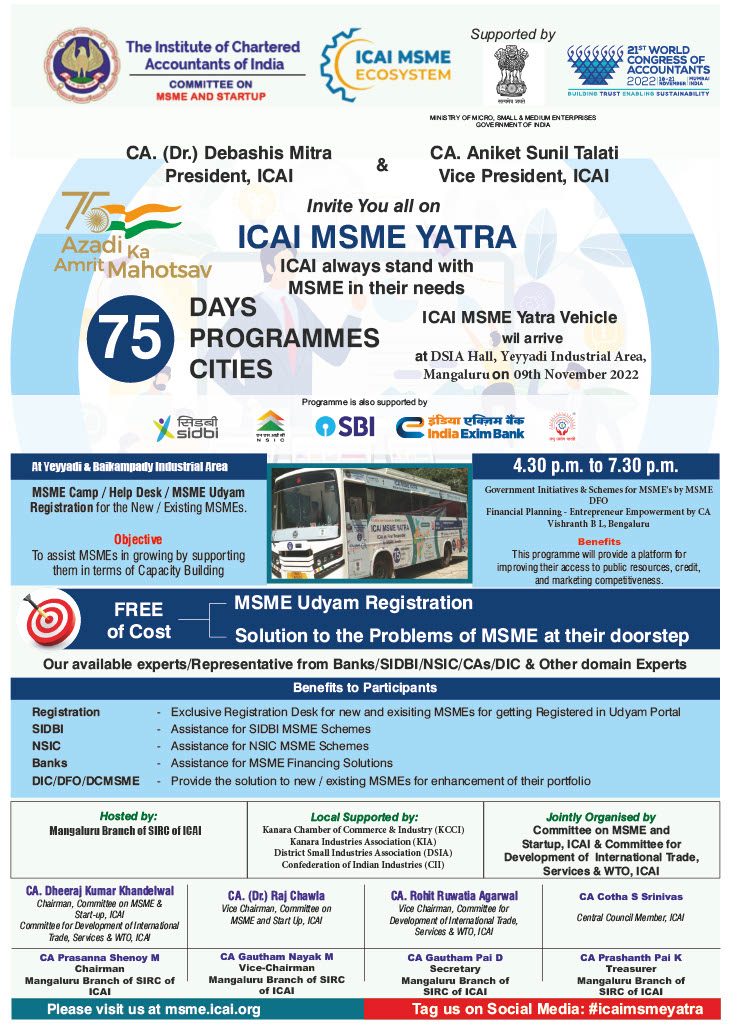 msmeicai's tweet photo. ICAI MSME Yatra &amp; Setu on 09.11.2022 at Mangaluru in the State of Karnataka https://t.co/AETf69Gctz