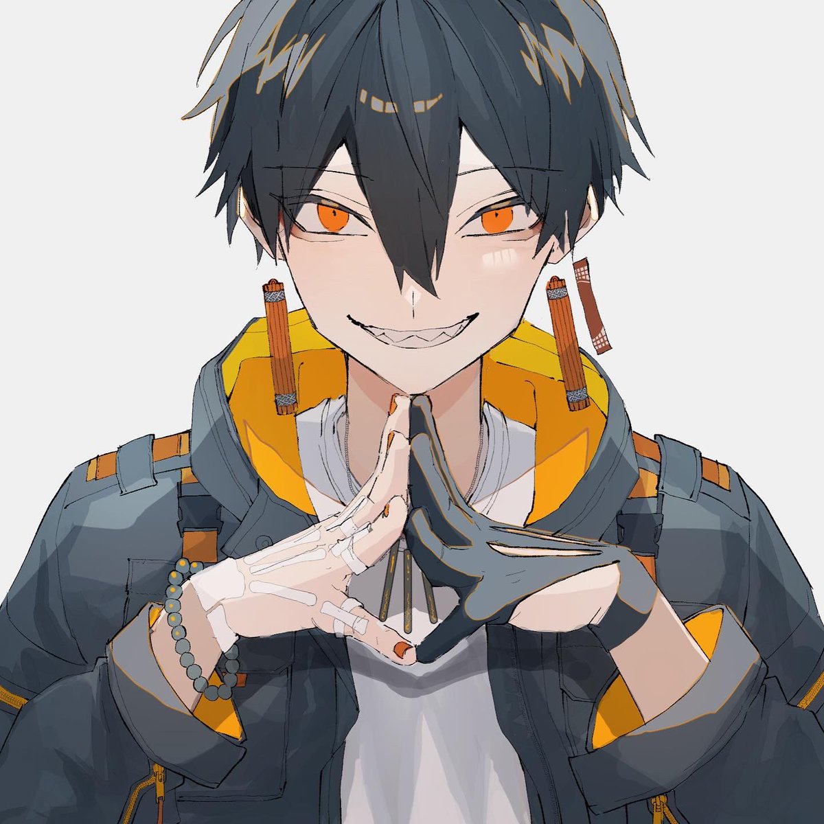 smile male focus 1boy solo jewelry black hair jacket  illustration images