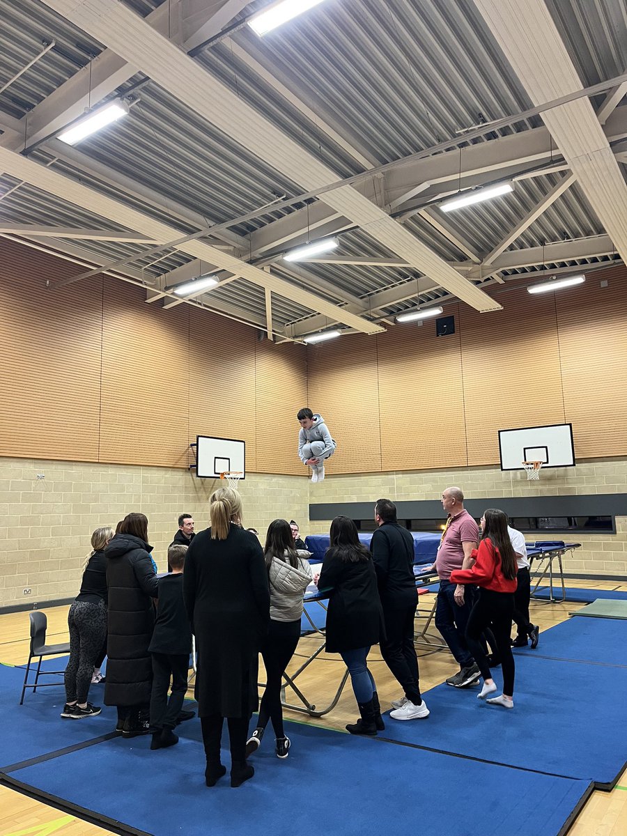 PE_MissStewart's tweet photo. Photo credit- @kylecampbell204 of my Trampolining lesson with all the Parents/Guardians &amp; primary pupils at the P7 discovery evening at @GrangemouthHS It was so nice to see so many pupils I teach from @BowhousePS &amp; @BeancrossPS &amp; to meet some new pupils from @MorayPS ☺️ https://t.co/RgimPEzUTo