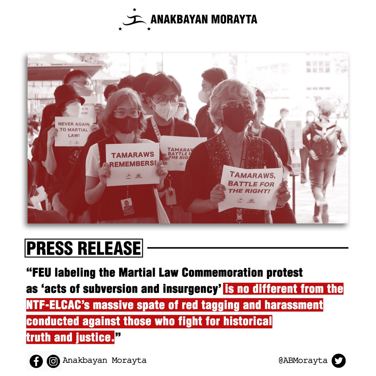 AnakbayanFEU_'s tweet photo. FOR IMMEDIATE RELEASE 
November 4, 2022

Read full statement here: https://t.co/cqdL1R0g5y

#FEUDoBetter 
#TamarawsFightBack 
#YouthFightBack https://t.co/ZJUFLOtPLX