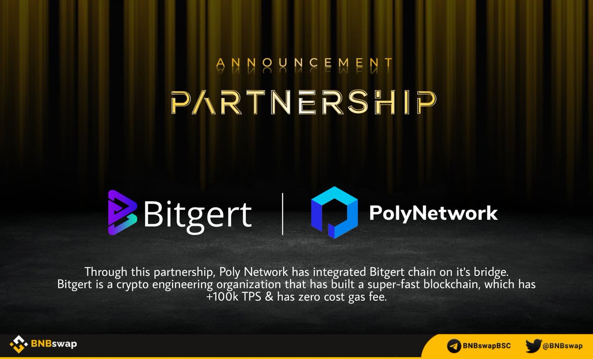 📢 <a href="/bitgertbrise/">Bitgert - $BRISE</a> announced a partnership with <a href="/PolyNetwork2/">Poly Network</a>!

Through this partnership, #PolyNetwork has integrated #Bitgert chain on it's bridge!

#Bitgert is a #crypto engineering organization that has built a super-fast blockchain, which has +100k TPS &amp; has zero cost gas fee.