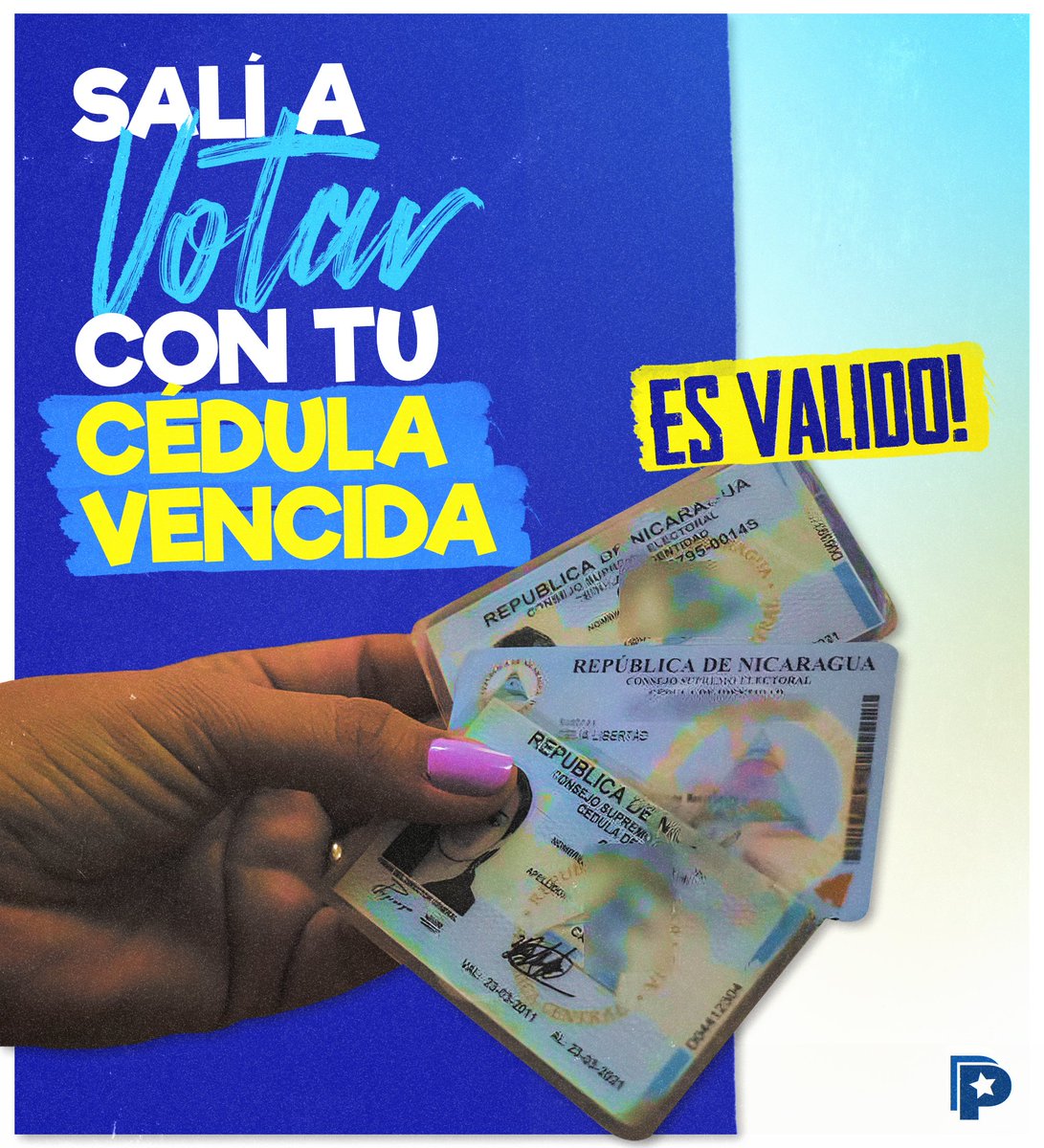 PrensaPopulr's tweet photo. Este 6️⃣ de noviembre te invito a que salgas a ejercer tu derecho al voto, sin ningún impedimento en las #EleccionesSoberanas2022. 🇳🇮🗳

Con tu cédula vencida o renovada puedes garantizar el derecho al voto libre y soberano a los ciudadanos y ciudadanas. 🪪✊🏻

#Nicaragua https://t.co/vannhURhcc