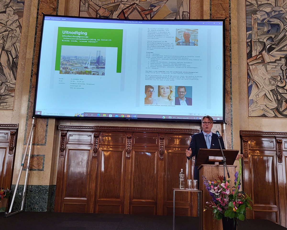 HeinRaat's tweet photo. Eerste publieke optreden nieuwe #wethouder #volksgezondheid @RonaldBuijt in @rotterdam bij Symposium #Infectieziekten bestrijding na #COVID19 bij afscheid professor Jan Hendrik Richardus https://t.co/oa8VCCBU3w