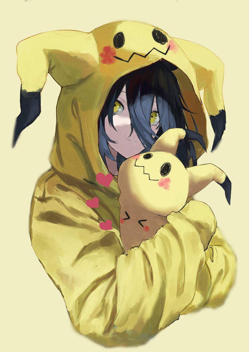 manhattan cafe (umamusume) ,mimikyu cosplay 1girl yellow eyes hood black hair yellow background hair between eyes  illustration images