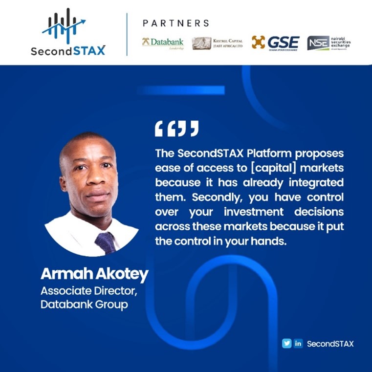 secondSTAX's tweet photo. Armah Akotey, Associate Director at @Databankgroupgh, highlighted two key benefits the SSX Trading Portal offers investment institutions across Africa.  
Find more of these benefits at our ongoing Product Launch: https://t.co/b9XS8q7Ha9 

#SecondSTAX #SSX #SSXLaunch https://t.co/JuHnuxk6gh
