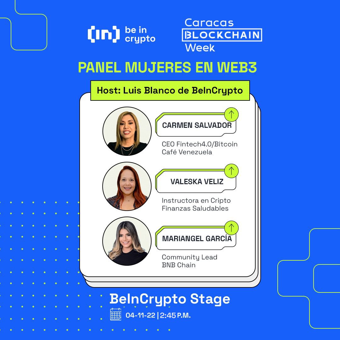 beincrypto_es's tweet photo. 🤓Panel: Mujeres en Web3
▪️@justmariangel Community Lead @BNBChain
▪️ Carmen Salvador, CEO de @BitcoinCafeVzla
▪️@Valeskaveliz_ Instructora en Cripto Finanzas Saludables
📍Host: @degel1897
#BeInCryptoStage #VamospaCaracas https://t.co/YraxemmHZn