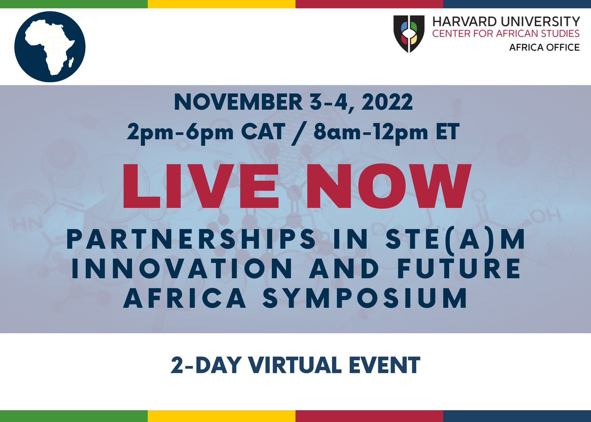 AfricaHarvard's tweet photo. WE ARE LIVE. 

Join DAY 2 of the Partnerships in STE(A)M Innovation and Future Africa Symposium webinar now. 

Register to join the webinar: https://t.co/ea1eCIzBXx

#STEM #STEAM #STEMeducation #Africa https://t.co/Hv91geSAKy