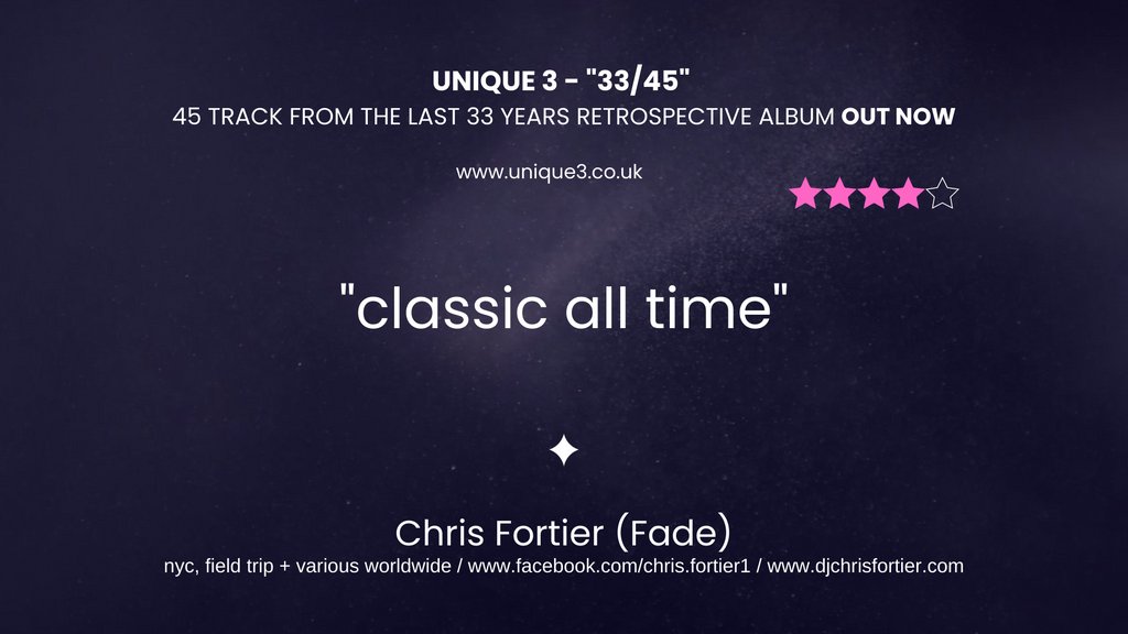 Kindly supported by Chris Fortier, Edzy Unique 3’s forty-five track, thirty-three years retrospective album, “33/45” is now available on Originator Sound Records. Links to the album on all sales platforms is here - unique3.co.uk/buy-3345-album… @djchrisfortier #deephouse #bass #techno