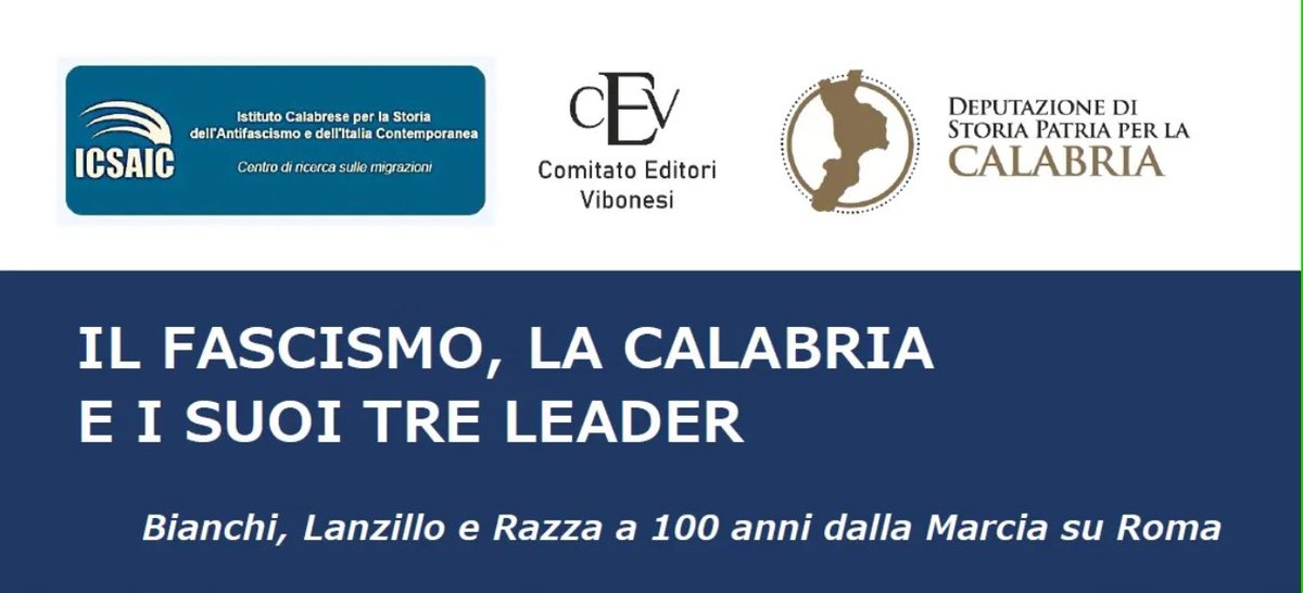 IcsaicStoria's tweet photo. Vi ricordiamo l'appuntamento di oggi, 4 novembre, ore 15.45.
==> Marcia su Roma: convegno #ICSAIC a #ViboValentia sui tre "leader" calabresi del fascismo.
==> Diretta Facebook sulla Pagina di https://t.co/Mrn2wZszGa (https://t.co/txg6JGvvMM) https://t.co/RnXkXTiIhQ