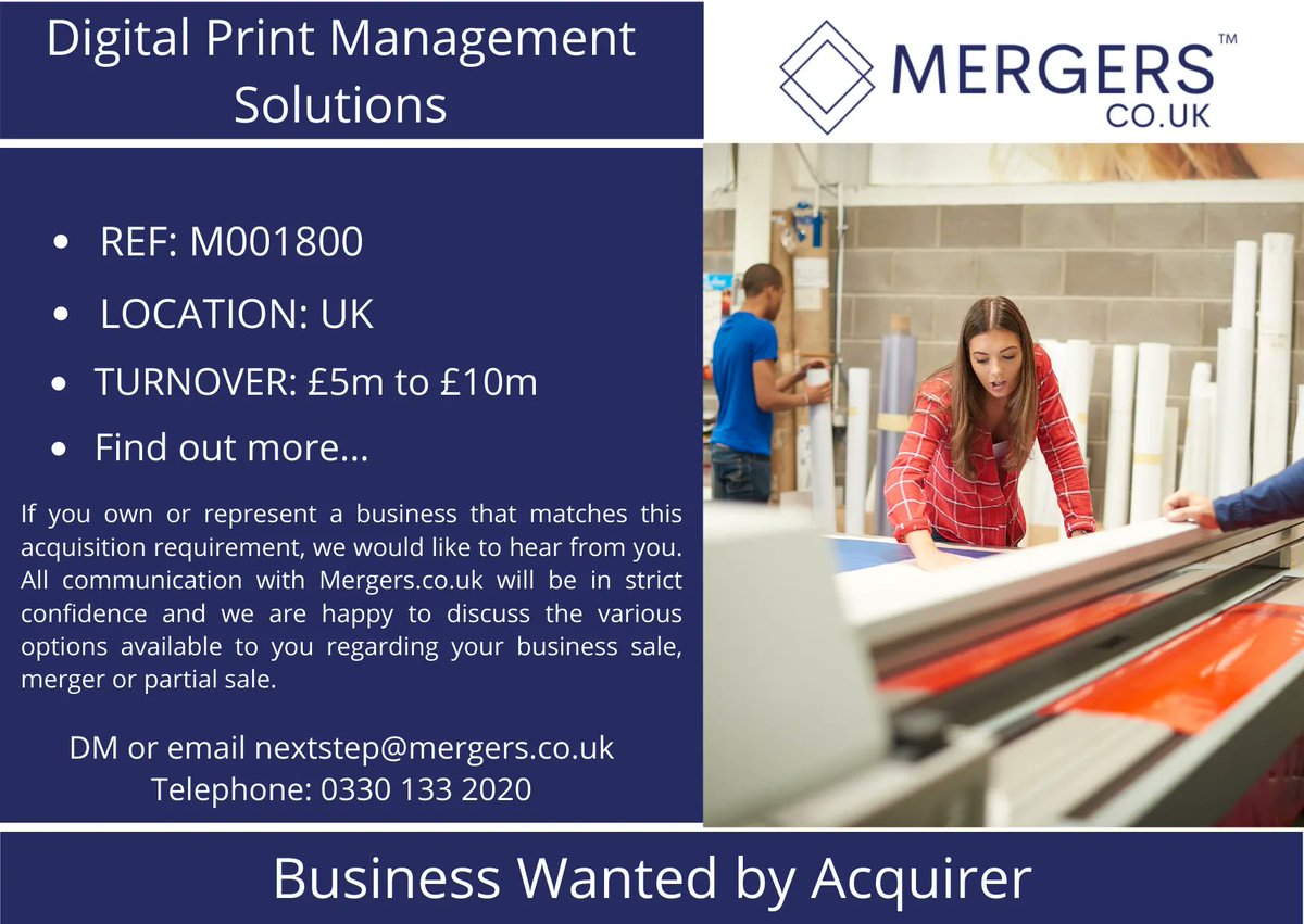 mergers_uk's tweet image. Business Wanted by Acquirer:
Digital Print Management Solutions

All communication will be in the strictest confidence.

More information: buff.ly/3tgFsc2

#digital #printmanagementsolutions #print #publishingservices #businesswanted #mergersandacquisitions #acquisition