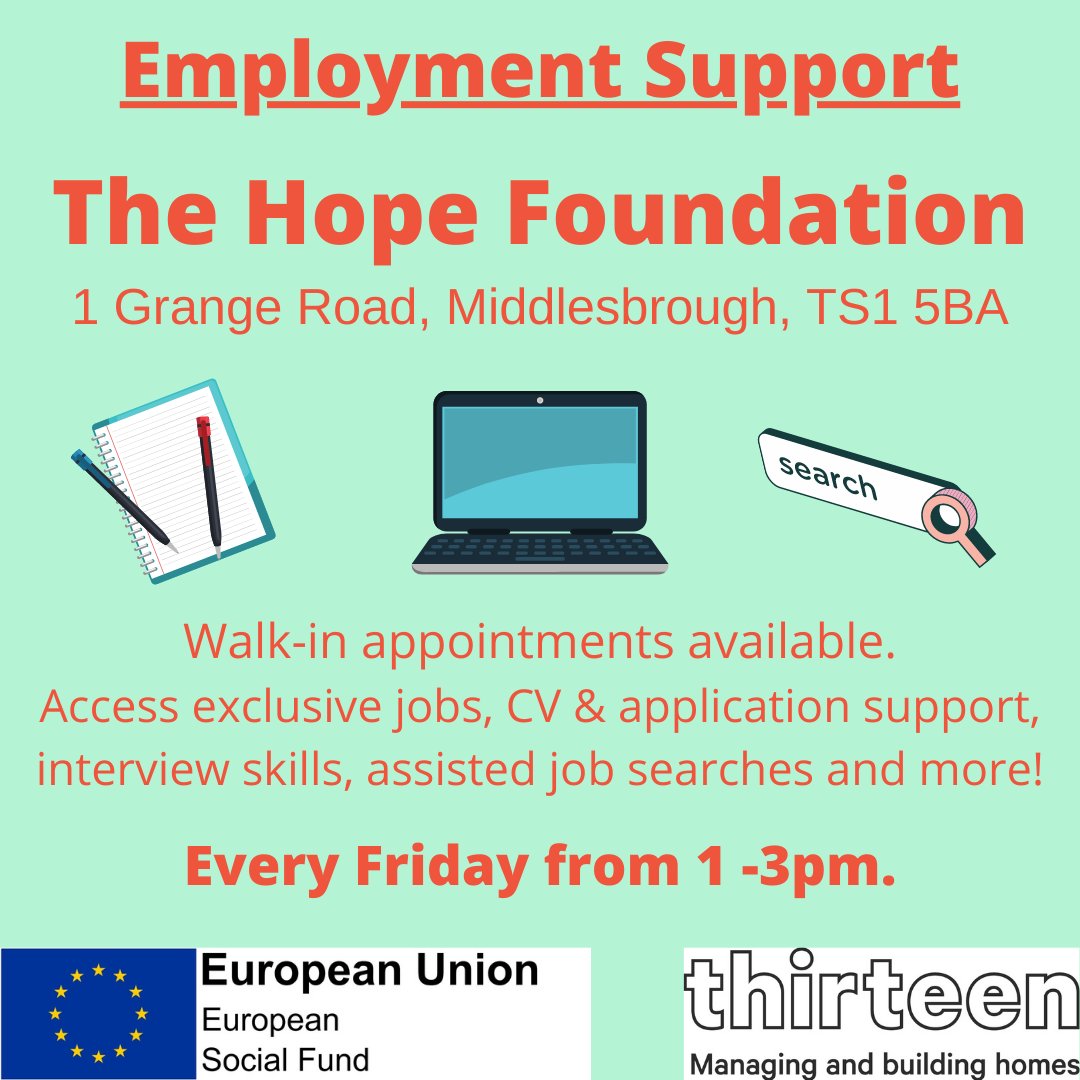 We are offering employment support at The Hope Foundation in Middlesbrough today between 1-3pm.

Drop-in for a chat with a member of the team.