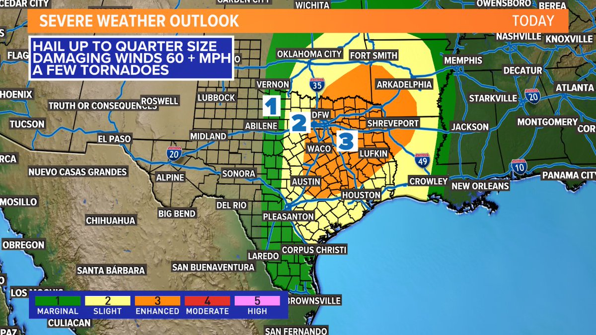 wfaaweather's tweet photo. Traveling across Texas today?
You may want to rethink driving during the afternoon hours. Portions of north and east Texas are under an enhanced (3 out of 5) risk for severe weather. Heavy rain, strong winds, large hail and a few tornadoes will be possible. 
#wfaaweather https://t.co/prPZKHJR0M